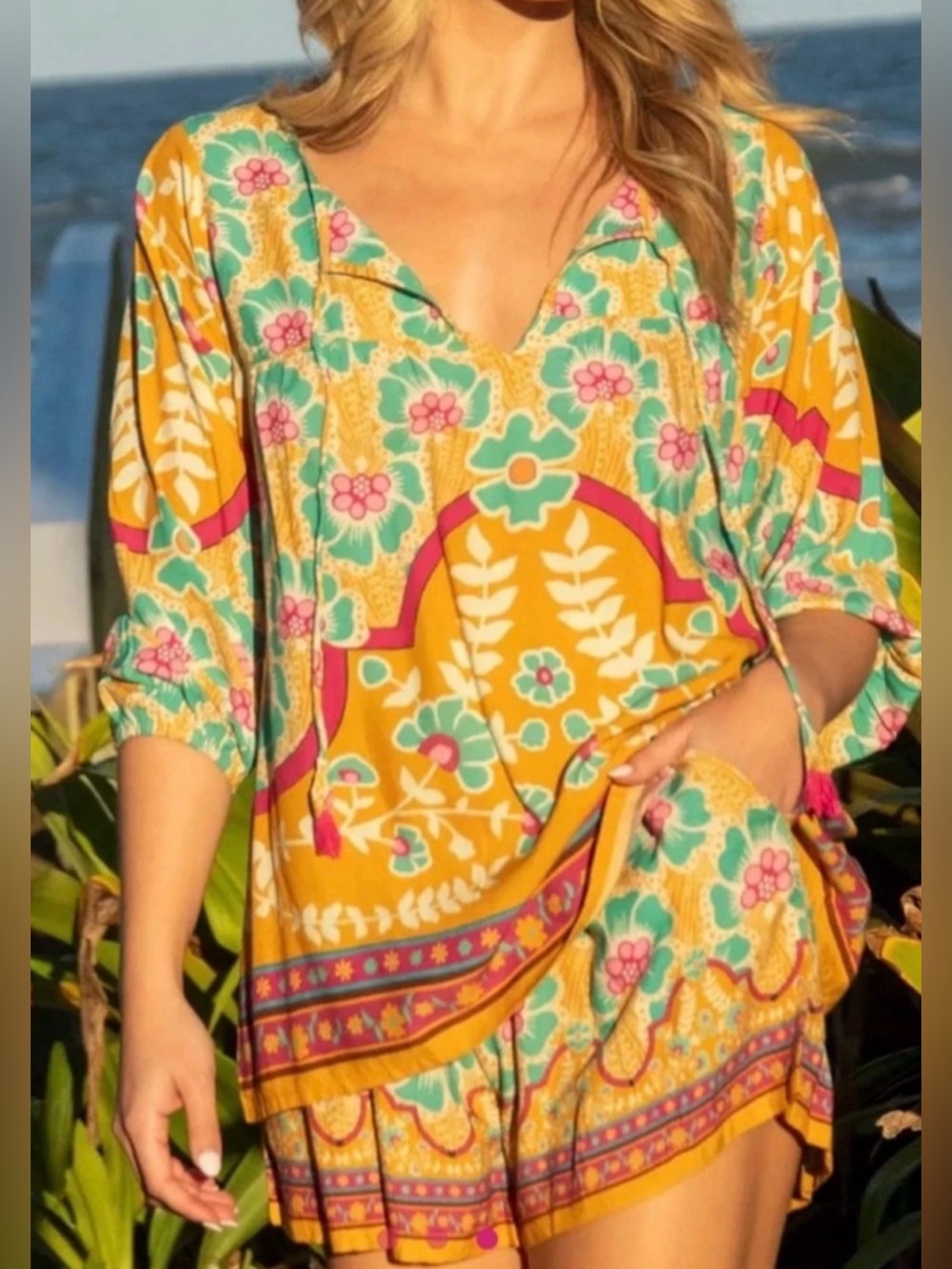 Natural Life - Maribel Colorful Floral Quarter Sleeve Tie Neckline Blouse Large